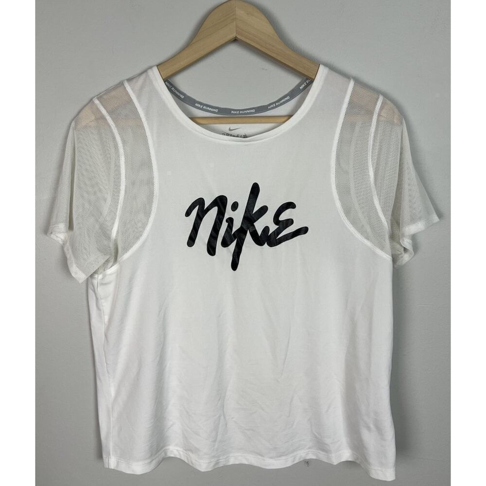 Nike SS Graphic Runaway White Shirt Mesh Sleeves Size Large Stretch Logo Women’s